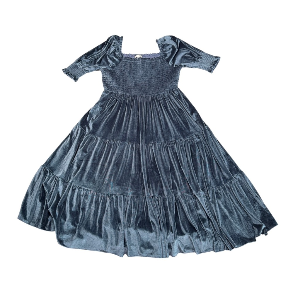 Baltic Born Smocked Velvet Midi Dress Sz 1XL Blue Tiered Puff Sleeve Whimsigoth - Picture 5 of 8